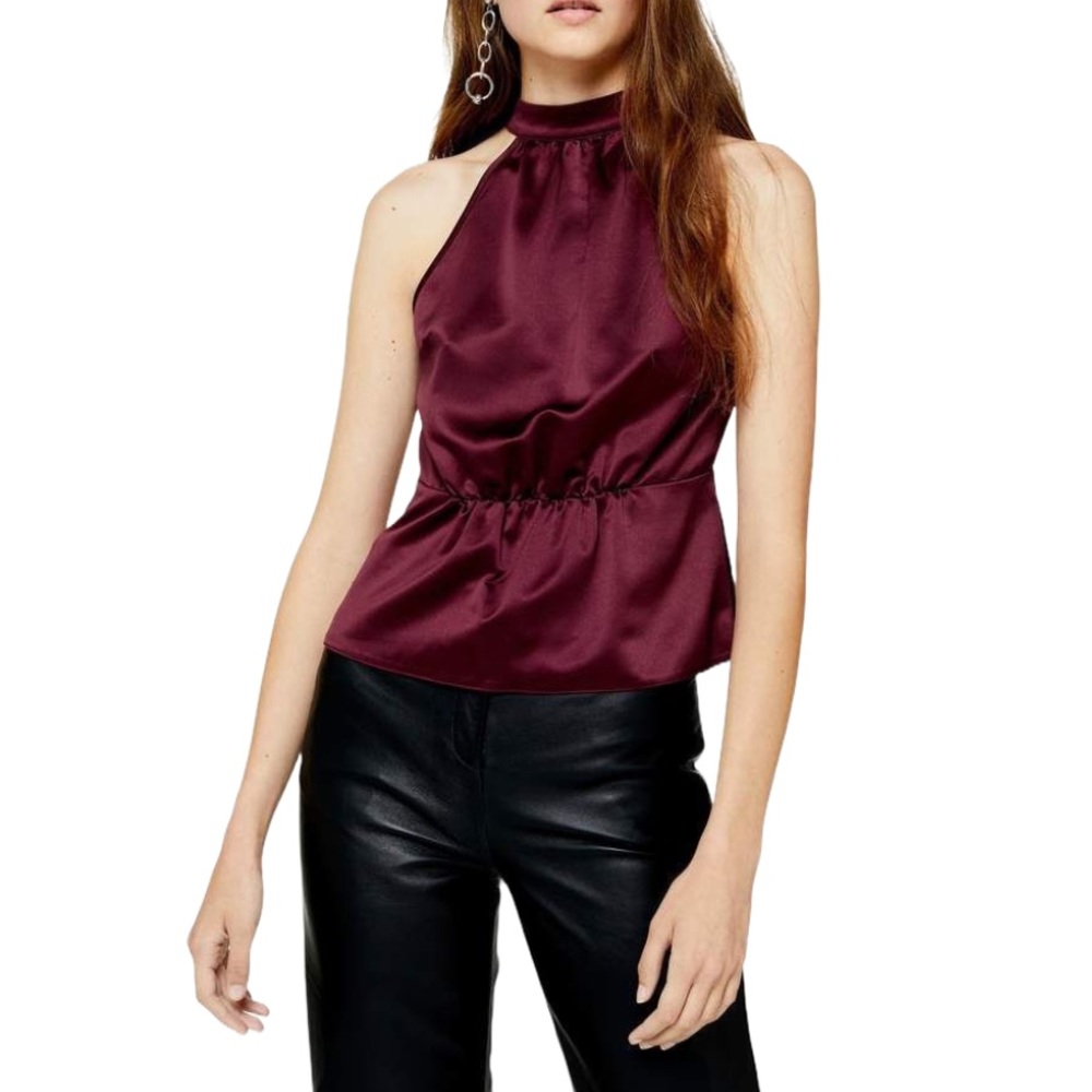 NWT Topshop Burgundy Satin Bow Back Halter Top
